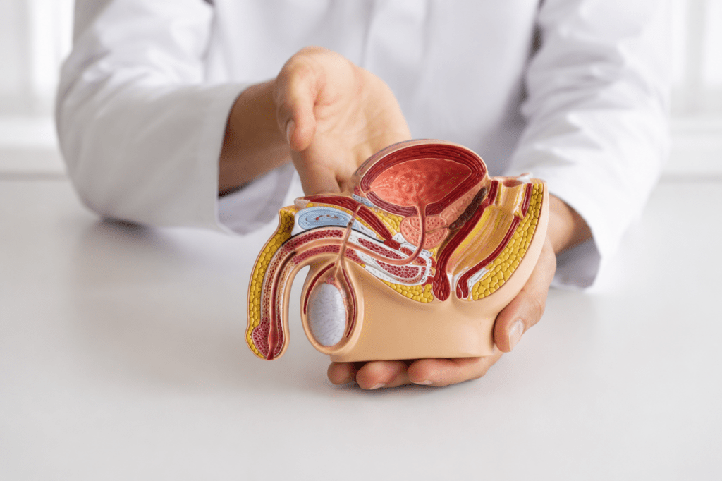 Eine medizinische Fachkraft in einem weißen Kittel hält ein anatomisches Schnittmodell des männlichen Genital- und Harnsystems in den Händen. Das Modell zeigt innere Strukturen wie Penis, Hoden, Prostata und Harnblase in verschiedenen Farben und dient der medizinischen Veranschaulichung.